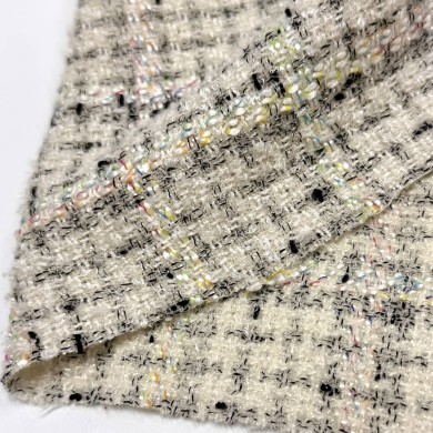 Tissu tweed laine viscose polyester à carreaux colorés sur fond crème