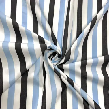 Tissu popeline de coton rayure bleu blanc noir - Haute couture