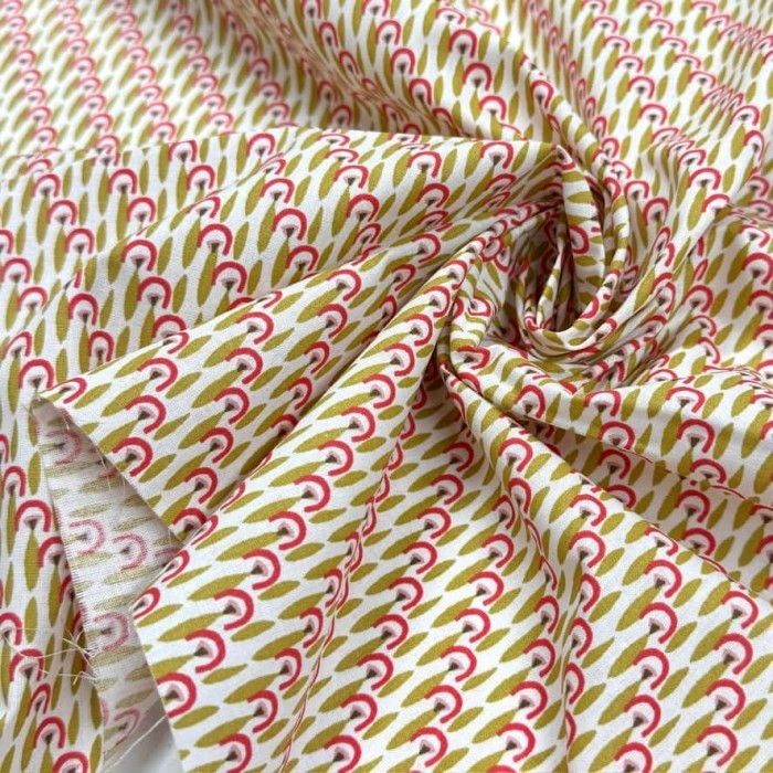 Tissu Coton imprimé Pamea géométrique olive corail