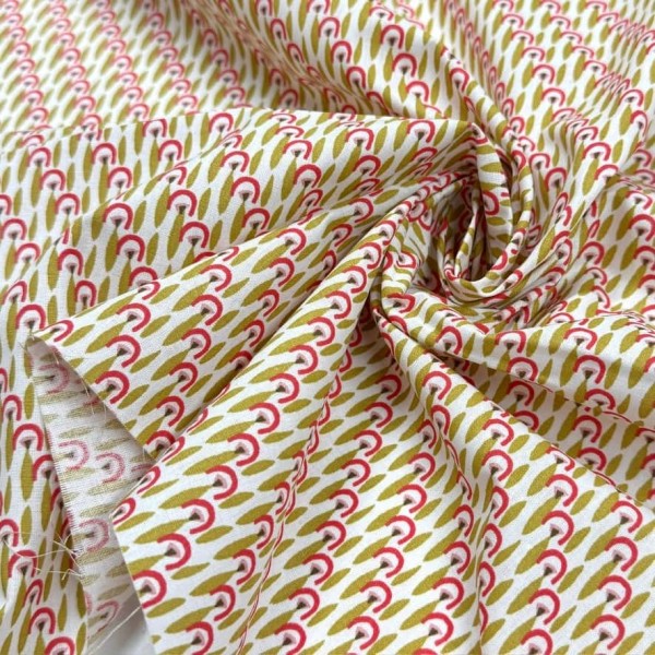 Tissu Coton imprimé Pamea géométrique olive corail Tissu Coton imprimé Pamea géométrique olive corail
