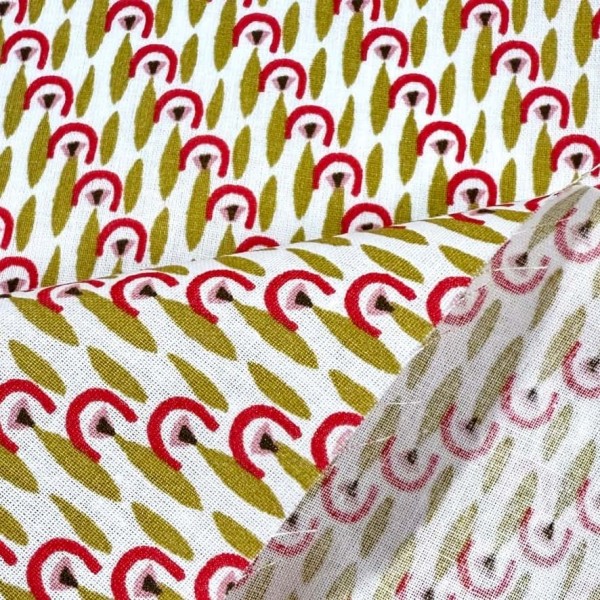 Tissu Coton imprimé Pamea géométrique olive corail Tissu Coton imprimé Pamea géométrique olive corail