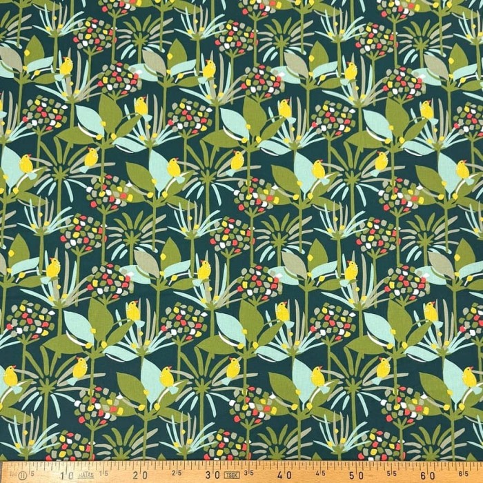 Tissu Coton imprimé edbono oiseaux et palmiers vert