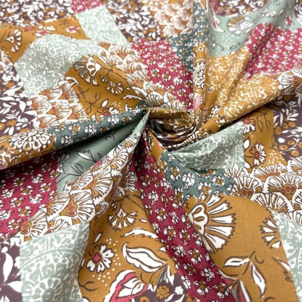 Tissu Coton imprimé Patchwork Bohème rouille amarante floral Tissu Coton imprimé Patchwork Bohème rouille amarante floral