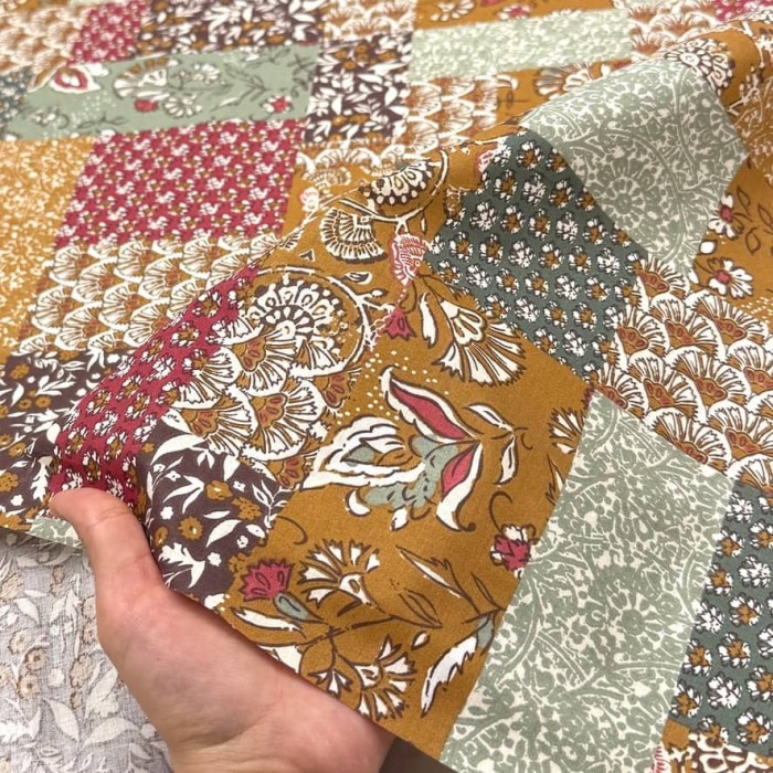 Tissu Coton imprimé Patchwork Bohème rouille amarante floral
