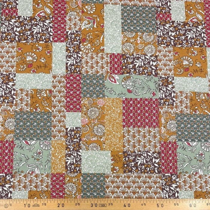 Tissu Coton imprimé Patchwork Bohème rouille amarante floral