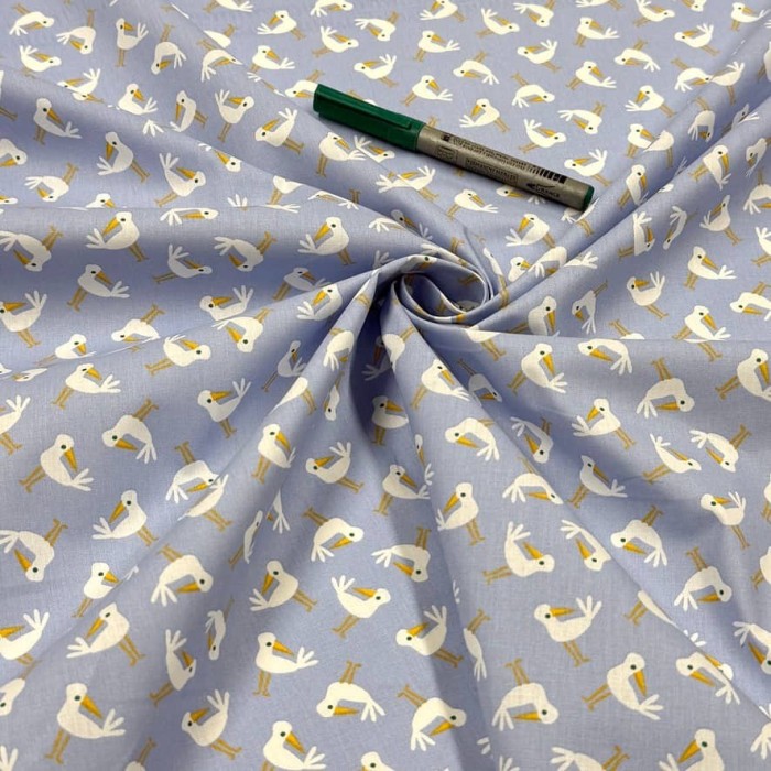 Tissu Coton imprimé Pioui oiseaux azur curcuma