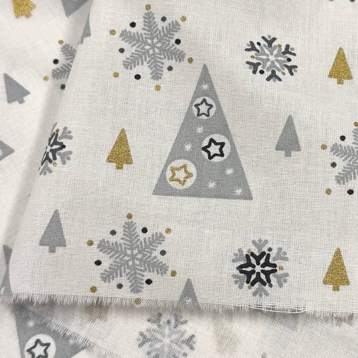 Tissu Noël Coton imprimé Adel Sapin de Noël gris et or Tissu Noël Coton imprimé Adel Sapin de Noël gris et or