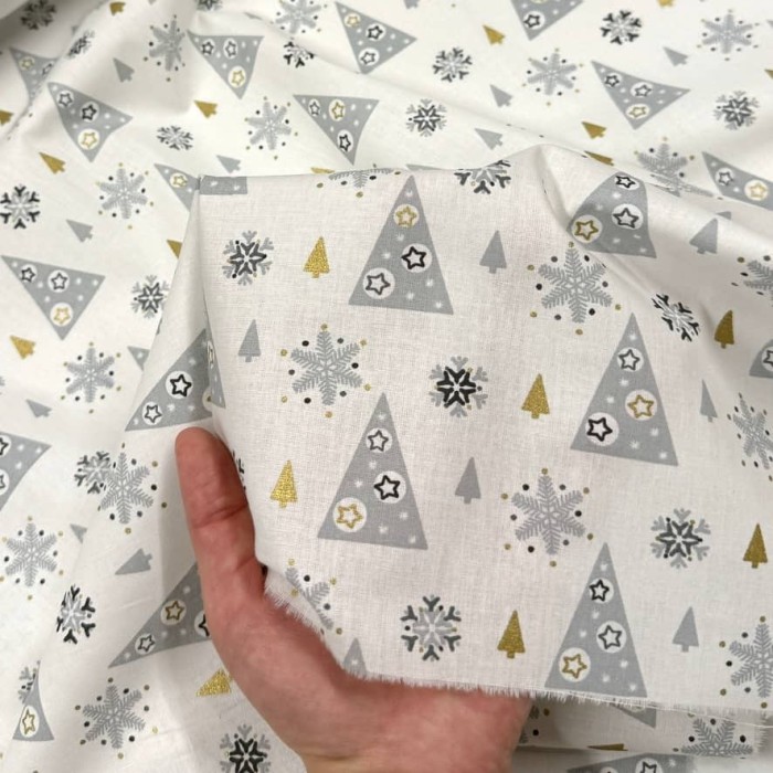 Tissu Noël Coton imprimé Adel Sapin de Noël gris et or Tissu Noël Coton imprimé Adel Sapin de Noël gris et or