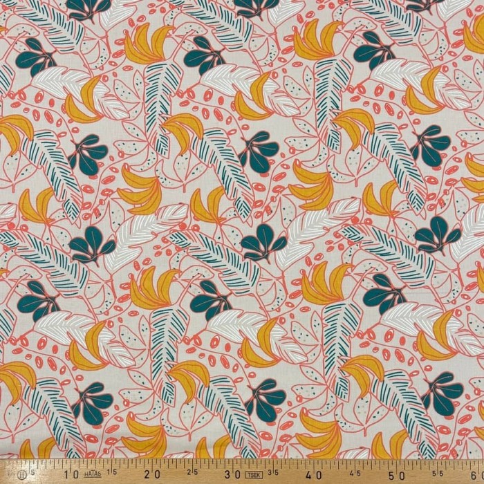 Tissu Coton imprimé Guzalor feuillage tropical & bananes corail