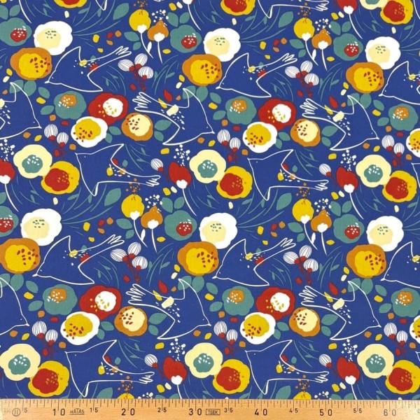 Tissu Coton imprimé Kibird oiseaux fleurs fantaisies bleu roi Tissu Coton imprimé Kibird oiseaux fleurs fantaisies bleu roi