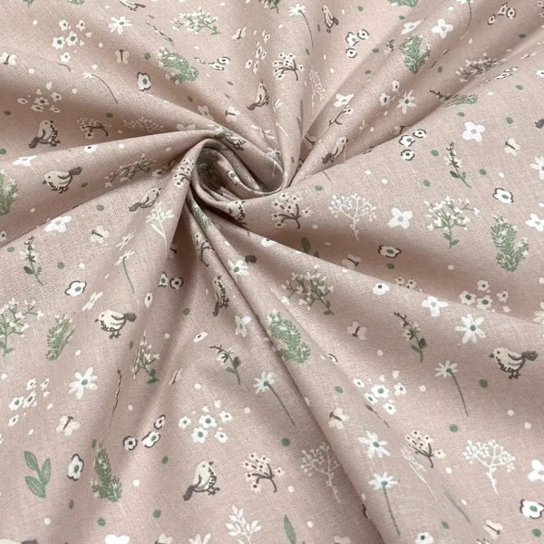 Tissu Coton imprimé Birdy fleurs et oiseaux beige Tissu Coton imprimé Birdy fleurs et oiseaux beige