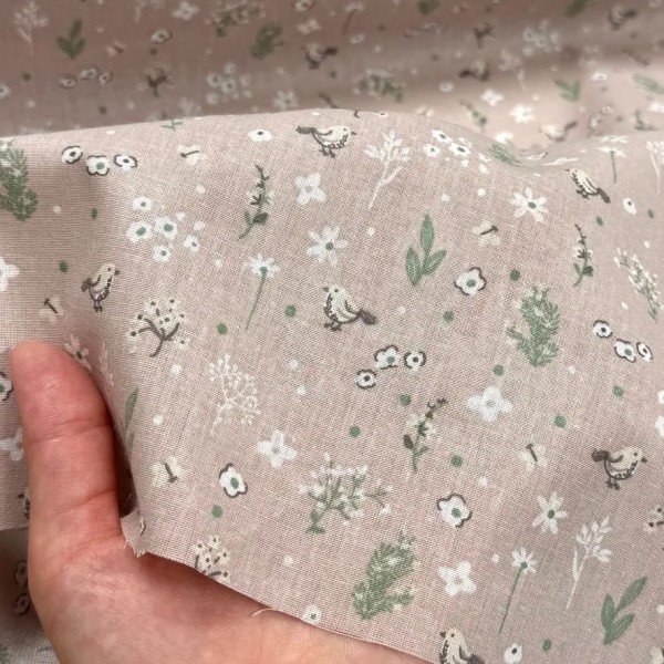 Tissu Coton imprimé Birdy fleurs et oiseaux beige Tissu Coton imprimé Birdy fleurs et oiseaux beige