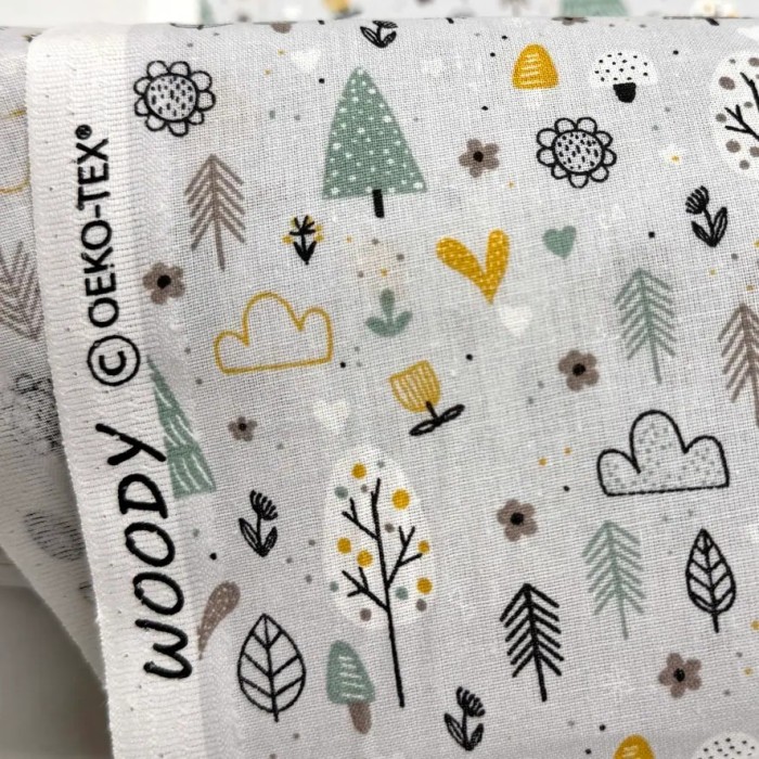 Tissu Coton imprimé Woody Forêt nuage gris clair