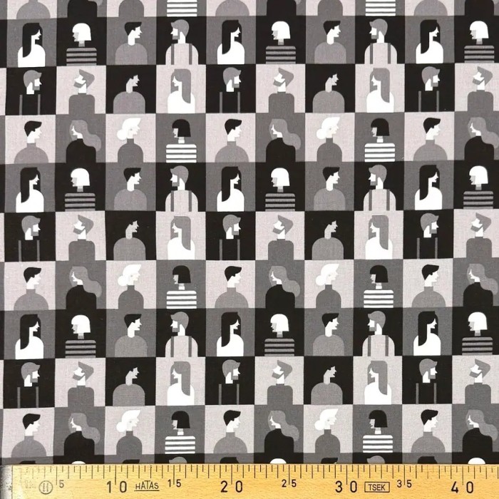 Tissu Coton imprimé portraits modernes noir et gris