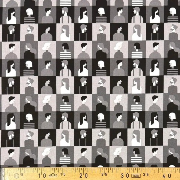 Tissu Coton imprimé portraits modernes noir et gris Tissu Coton imprimé portraits modernes noir et gris