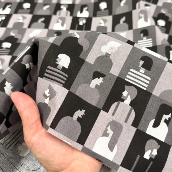 Tissu Coton imprimé portraits modernes noir et gris Tissu Coton imprimé portraits modernes noir et gris