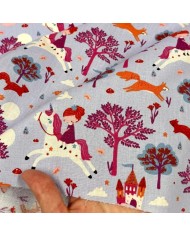Tissu Coton imprimé château licorne renard violet