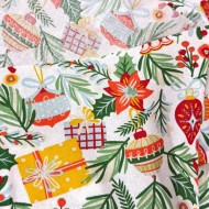 Tissu noël Coton imprimé Illumination houx et cadeaux