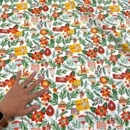 Tissu noël Coton imprimé Illumination houx et cadeaux