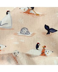 Tissu Coton imprimé Banquise ours polaire & pingouins abricot