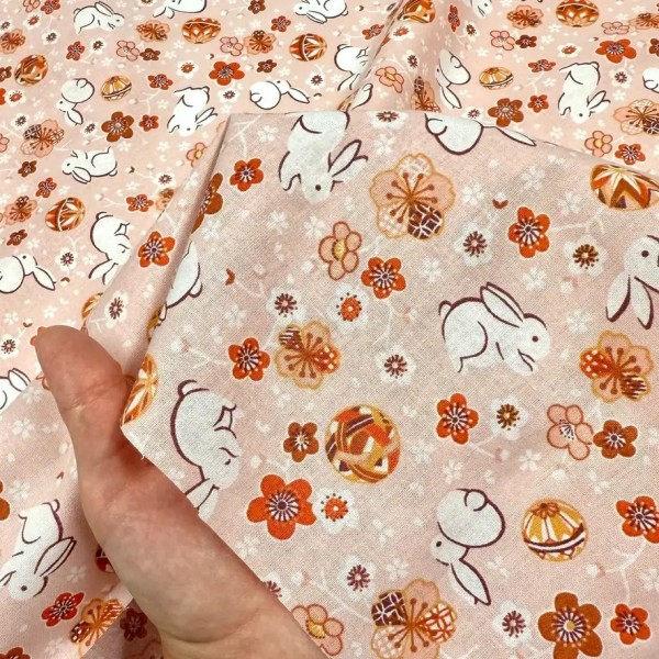 Tissu Coton imprimé Lapinous lapin sakura japonais corail Tissu Coton imprimé Lapinous lapin sakura japonais corail
