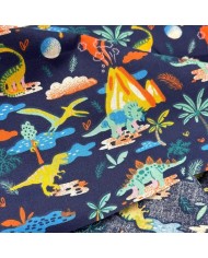 Tissu Coton imprimé dinosaures volcans bleu marine foncé