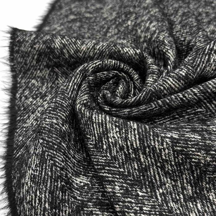 Tissu Lainage coton texturé chevrons Noir blanc - Haute couture