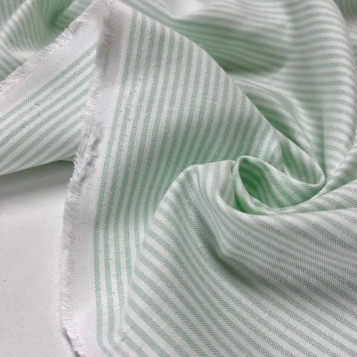 Tissu coton chambray rayures vert - Haute couture