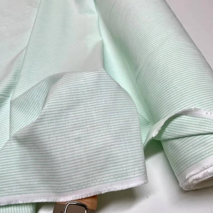 Tissu coton chambray rayures vert - Haute couture
