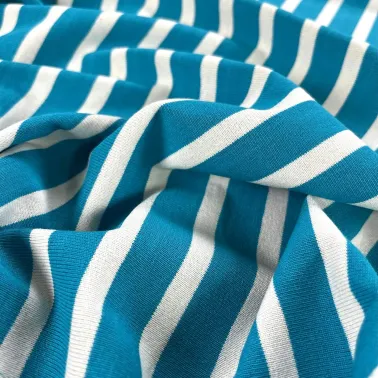 Tissu jersey coton à rayures bleu turquoise