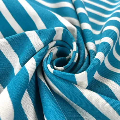 Tissu jersey coton à rayures bleu turquoise