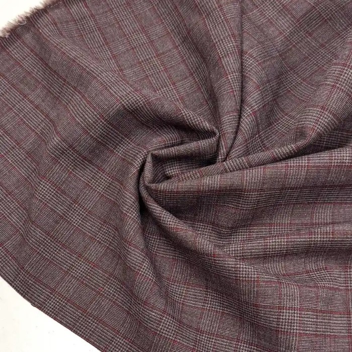 Tissu Laine Polyester écossais Marron Blanc aux Fines Lignes Rouges