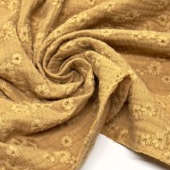 Tissu Double Gaze petite fleurs brodé Camel